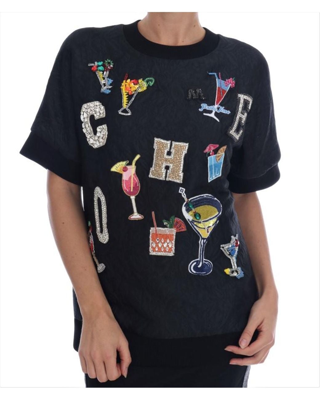 Dolce & Gabbana Blue Brocade Cocktail Crystal Sweater