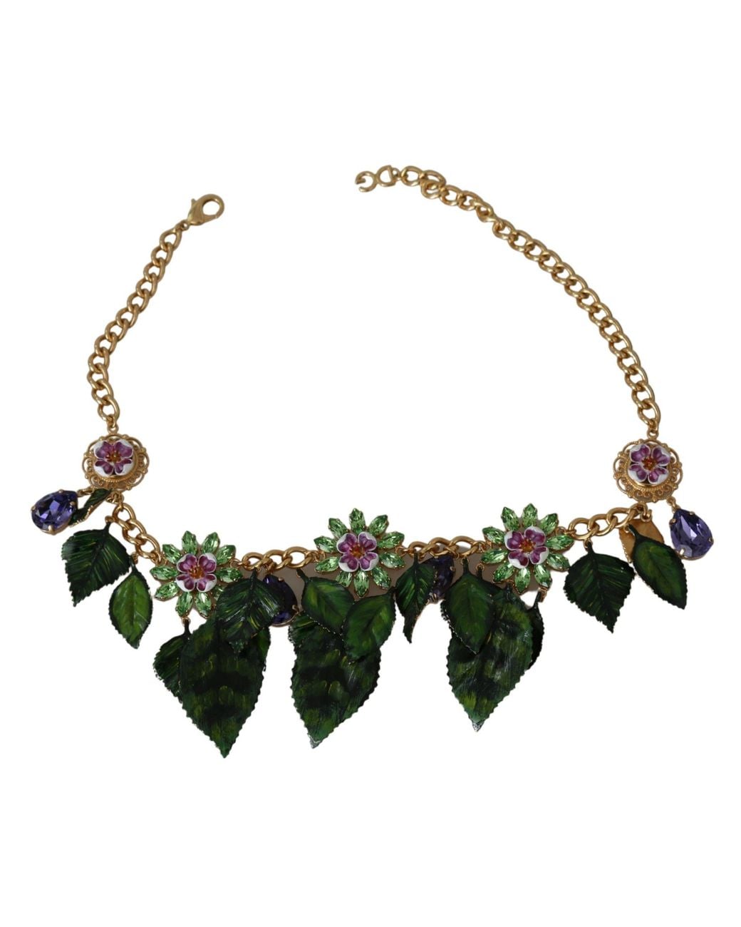 Dolce & Gabbana Multicolor Floral Crystal Charm Gold Brass Statement Necklace