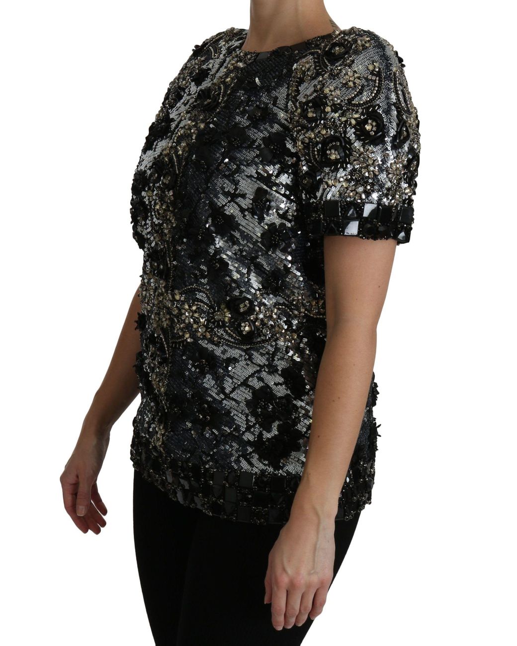 Dolce & Gabbana Dolce Gabbana Black Sequined Crystal Embellished Top Blouse