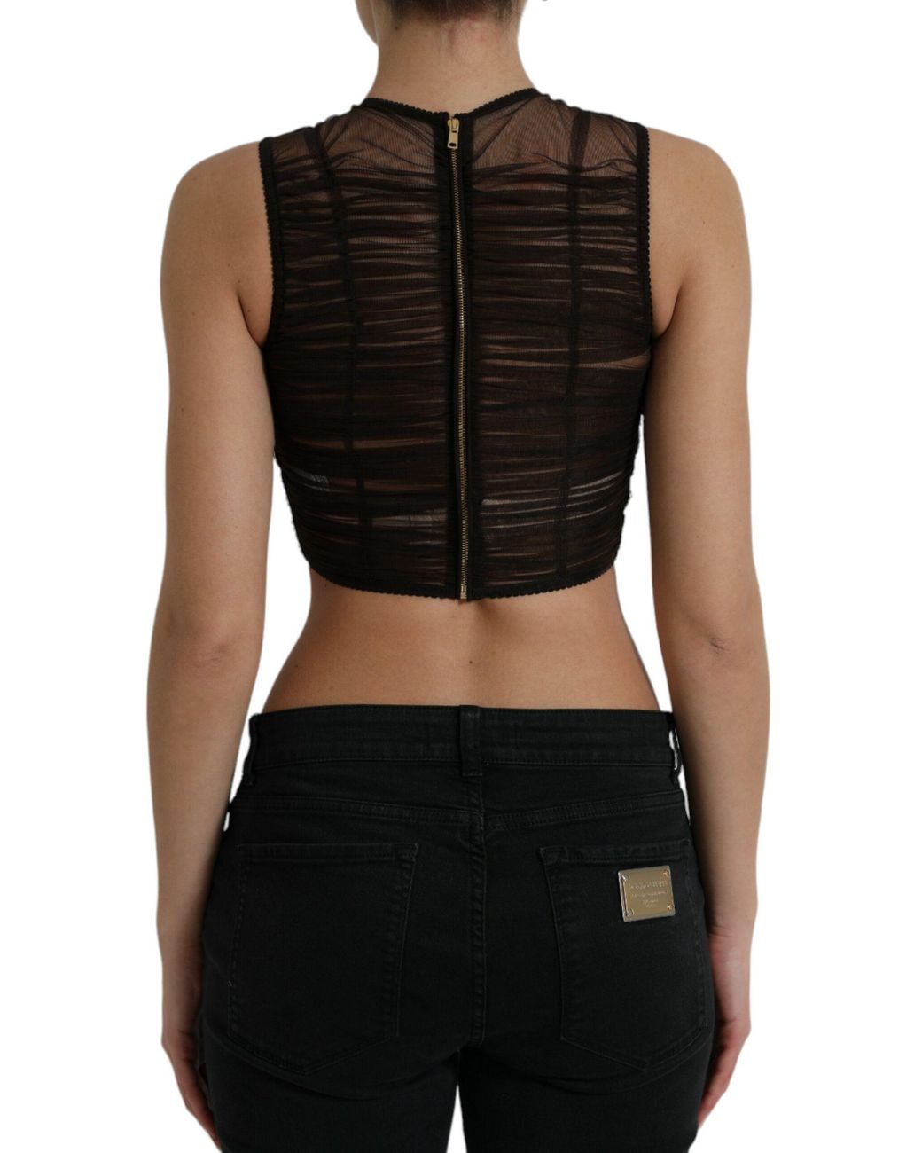 Dolce & Gabbana Black Embellished Nylon Stretch Cropped Top