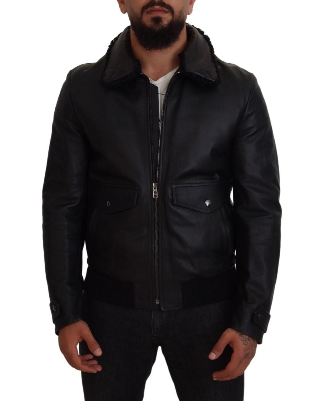 Dolce & Gabbana Black Lamb Leather Collared Coat Jacket for men