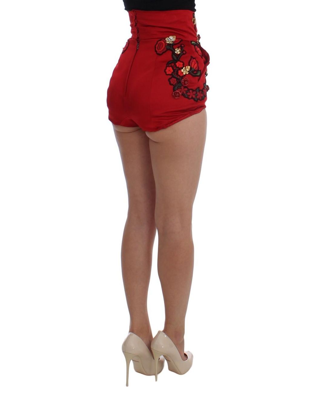 Dolce & Gabbana Red Silk Crystal Roses Shorts
