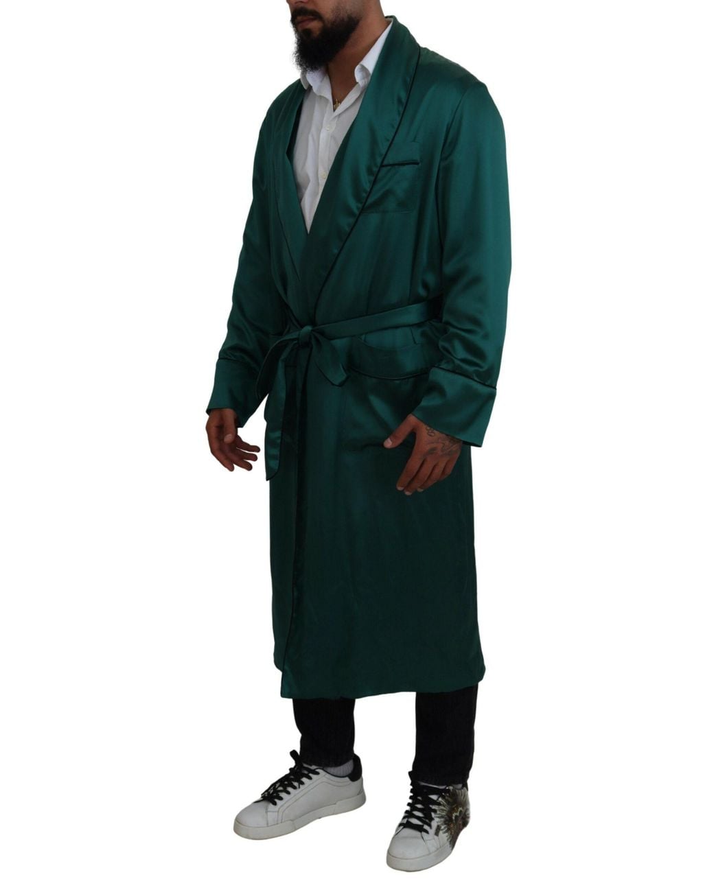 Dolce & Gabbana Green Silk Waist Belt Robe Sleepwear for men