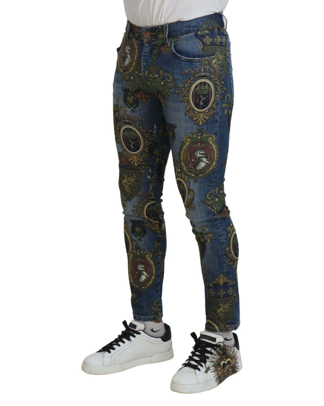 Dolce & Gabbana Blue Medal Print Slim Fit Cotton Jeans for men