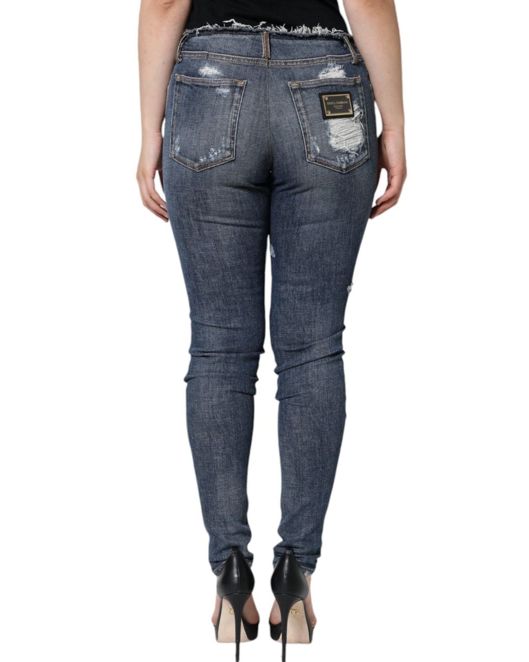 Dolce & Gabbana Blue Cotton Stretch Tattered Skinny Jeans