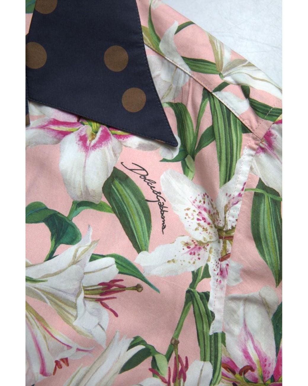 Dolce & Gabbana Pink Cotton Polka Dot Lily Print Collared Shirt for men