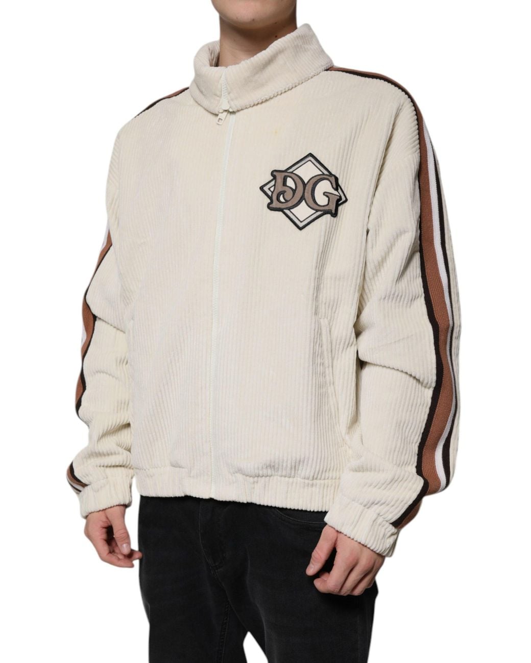 Dolce & Gabbana Natural Logo Applique Cotton Corduroy Full Zip Jacket for men
