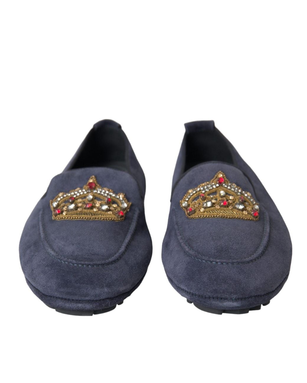 Dolce & Gabbana Blue Leather Suede Crystal Crown Loafers Shoes for men