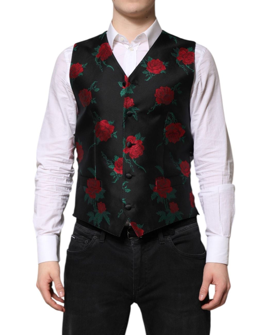 Dolce & Gabbana Black Floral Brocade Formal Waistcoat Vest for men