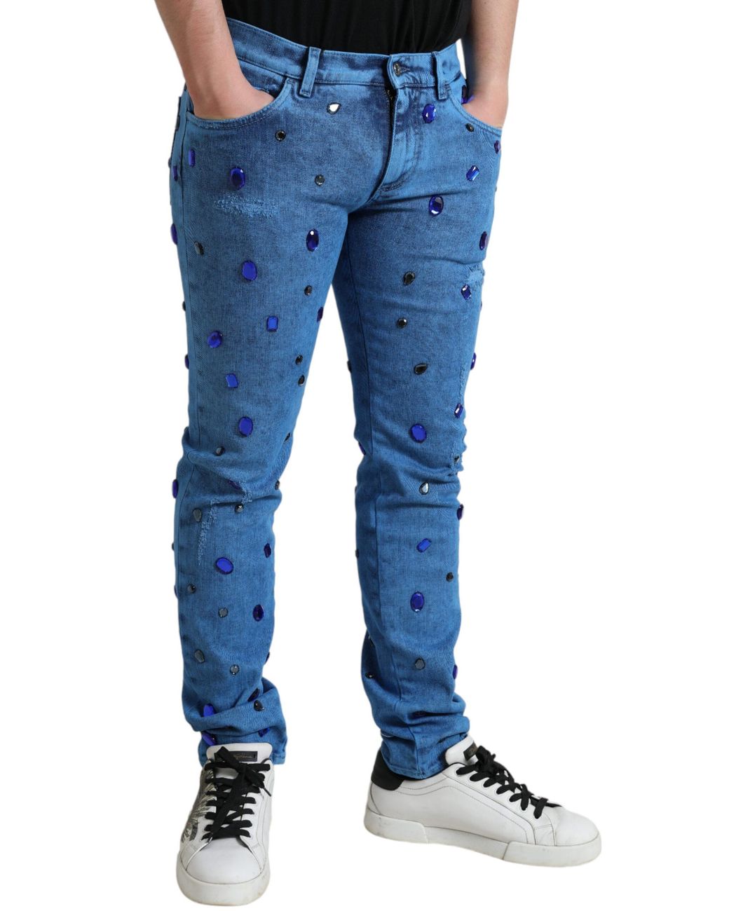 Dolce & Gabbana Blue Crystal Embellished Skinny Denim Jeans for men
