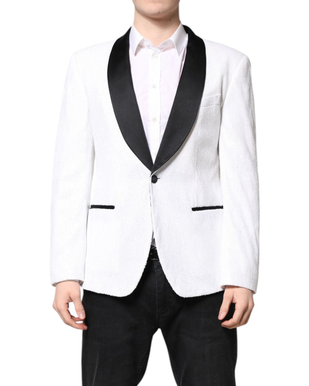 Dolce & Gabbana White Textured Shawl Collar Blazer for men