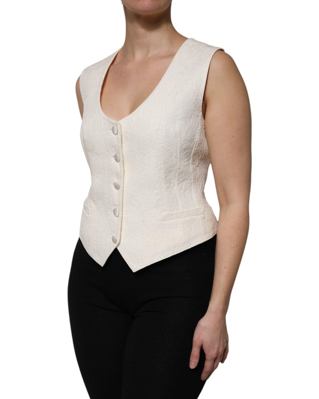 Dolce & Gabbana White Ivory Cotton Button Down Sleeveless Vest Top