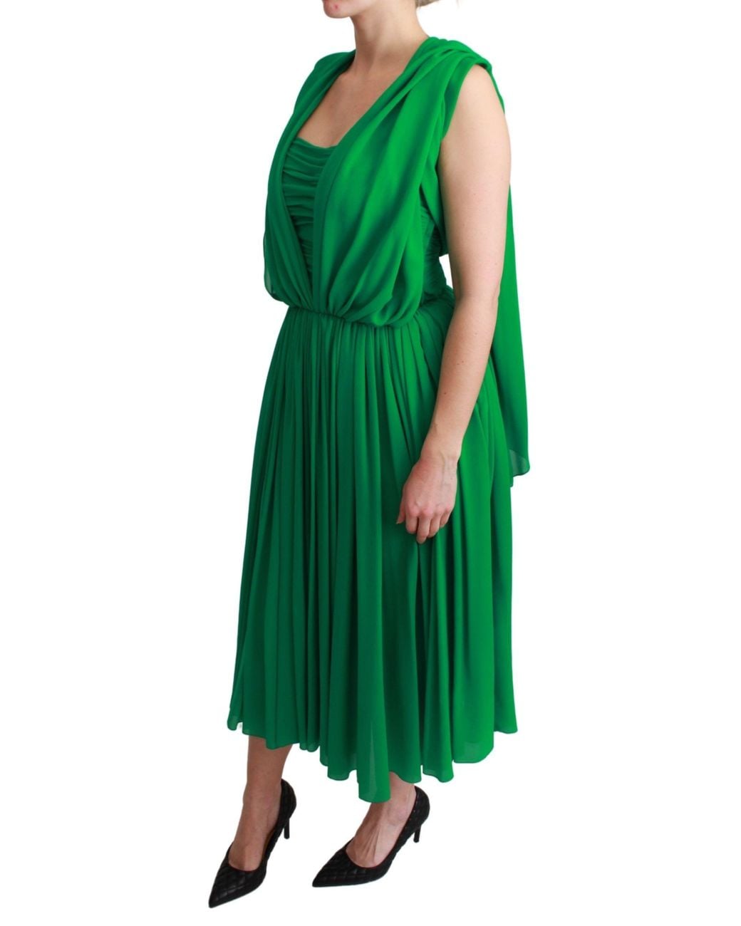 Dolce & Gabbana Green 100% Silk Sleeveless Pleated Maxi Dress