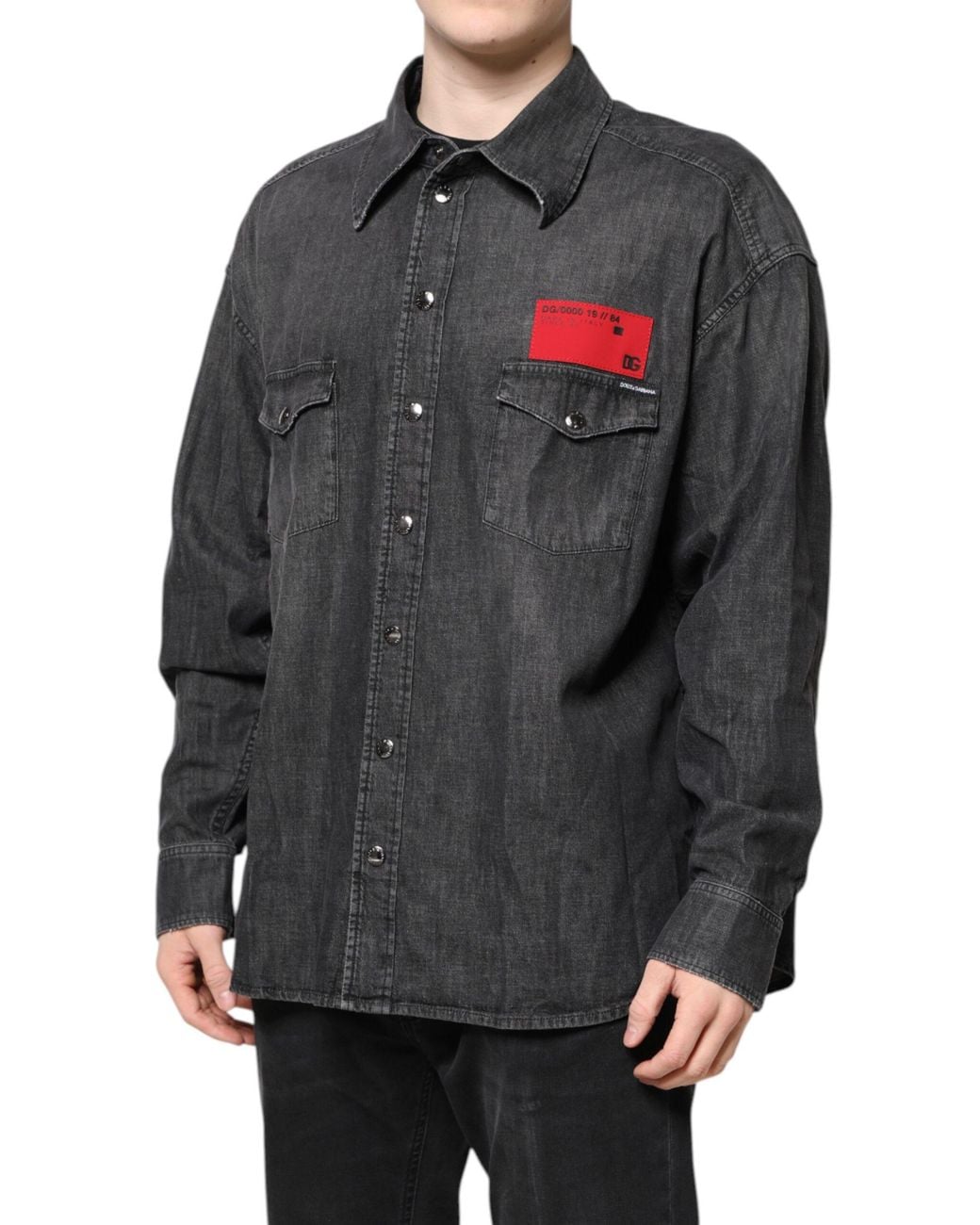 Dolce & Gabbana Black Logo Cotton Button Down Denim Shirt for men