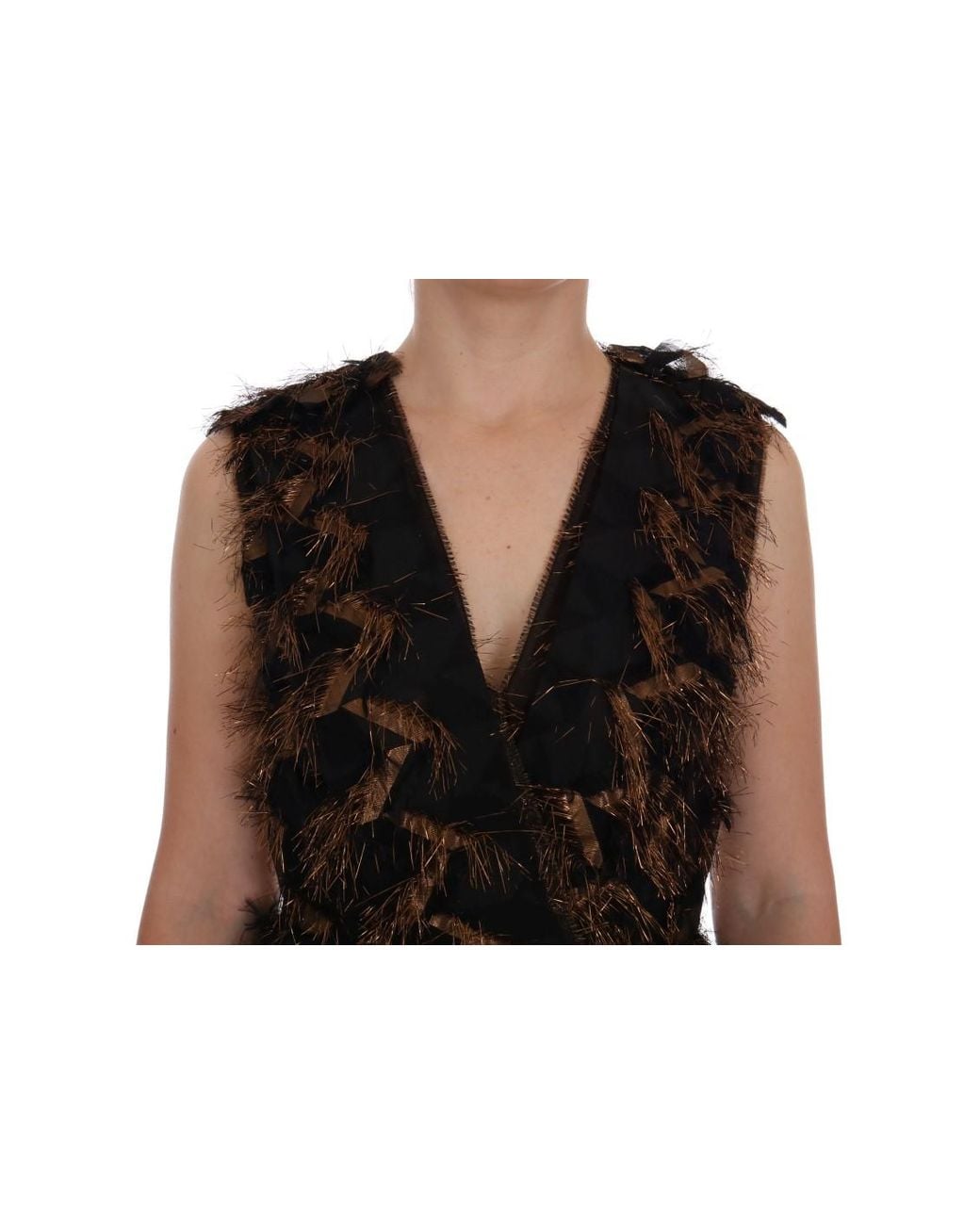 Dolce & Gabbana Black Silk Brown Fringes A-line Dress