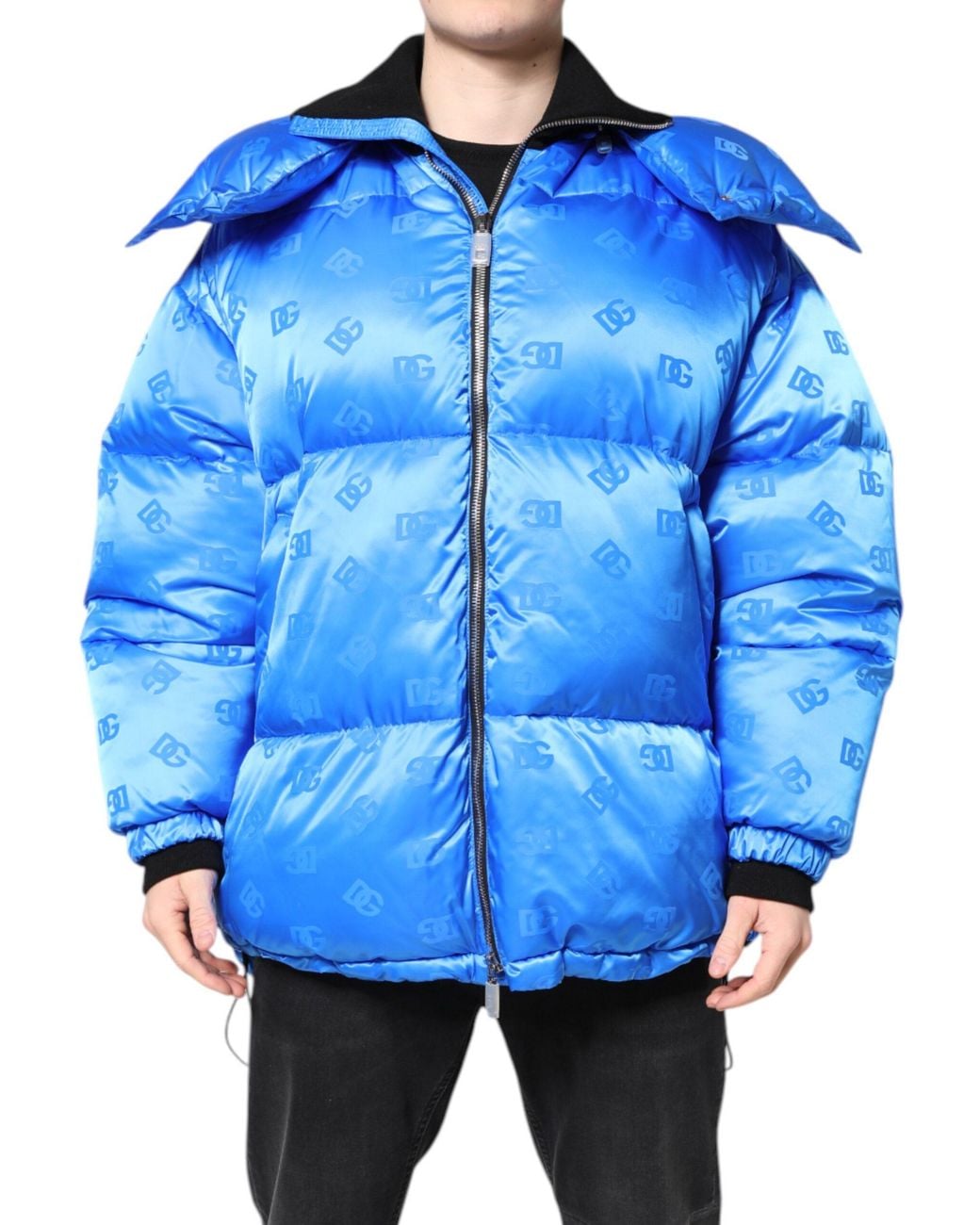 Dolce & Gabbana Blue Puffer Jacket Allover Logo Print for men