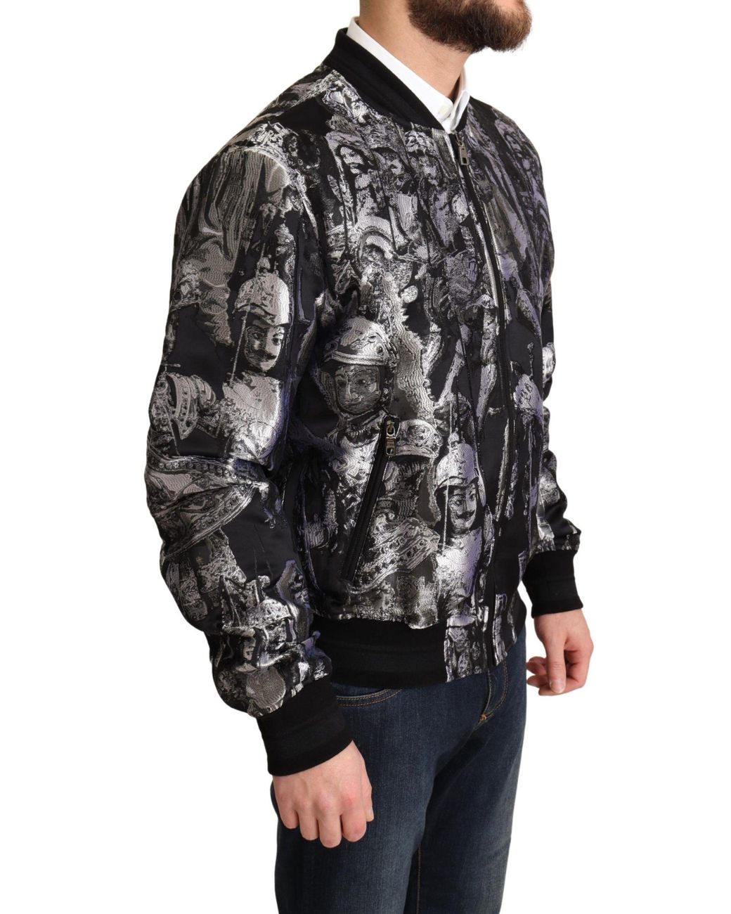 Dolce & Gabbana Black Silver Puppi Motive Bomber Jacket for men