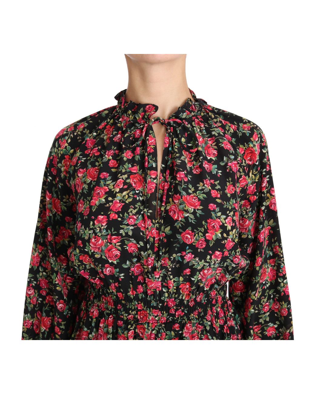 Dolce & Gabbana Black Pussy-bow Ruffled Floral-print Silk-chiffon Blouse