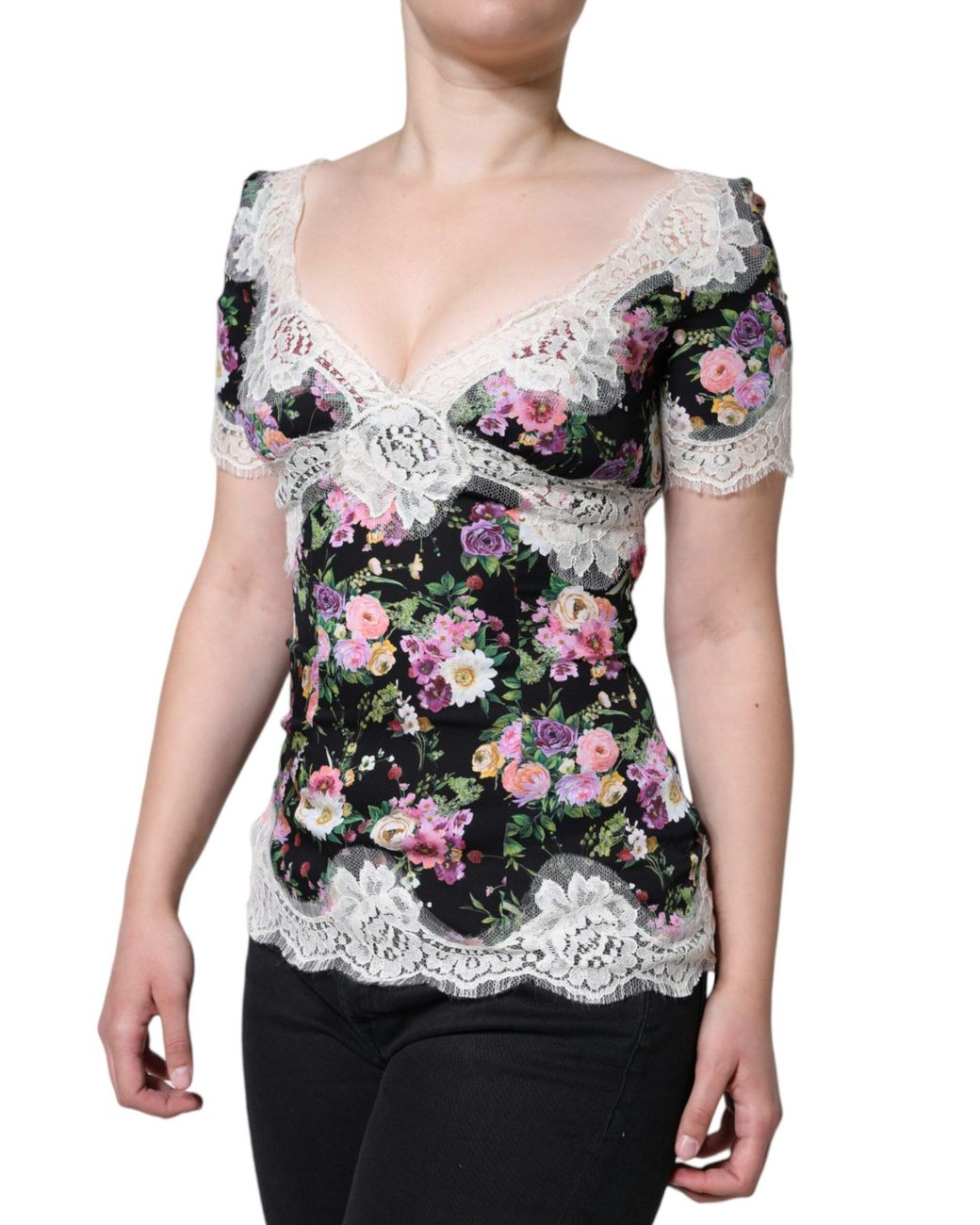 Dolce & Gabbana Black Floral Lace Short Sleeves Blouse Top
