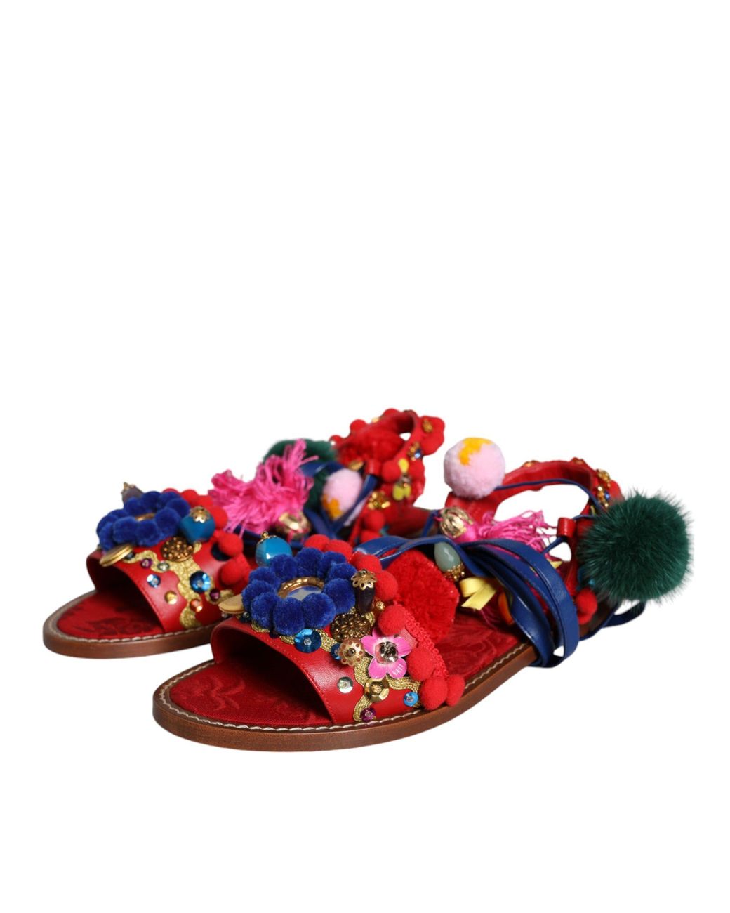 Dolce & Gabbana Red Pom Pom Fur Wrap Sandals Shoes