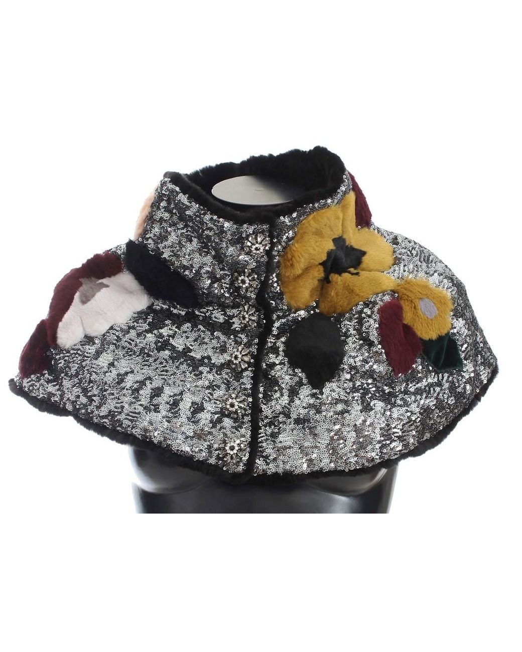 Dolce & Gabbana Black Sequined Floral Weasel Fur Shoulder Scarf Wrap