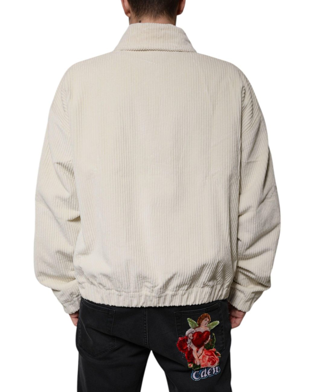 Dolce & Gabbana Natural Logo Applique Cotton Corduroy Full Zip Jacket for men