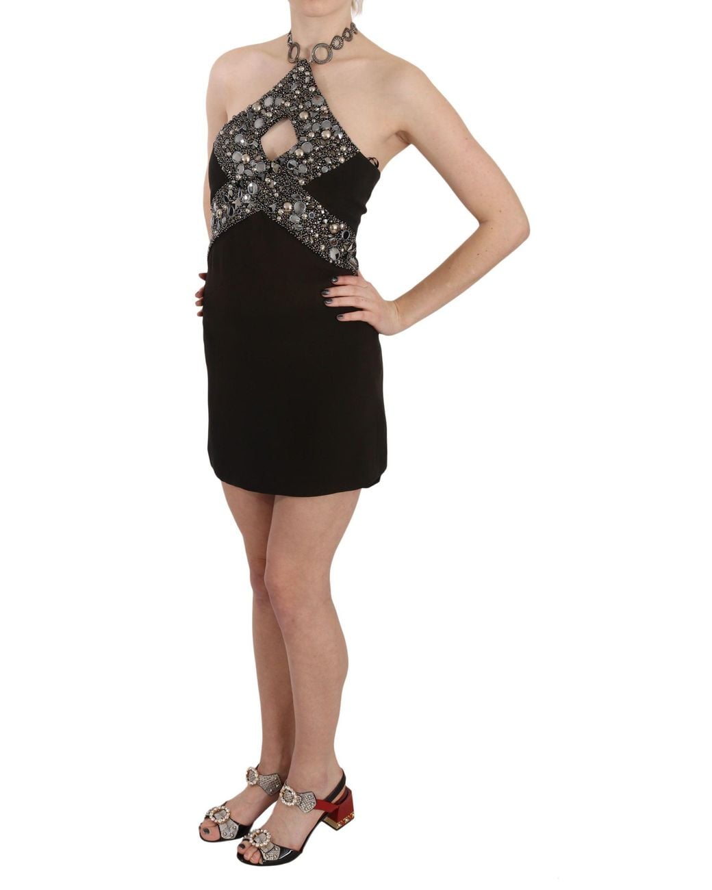 John Richmond Black Sequined Stretch Mini Shift Dress
