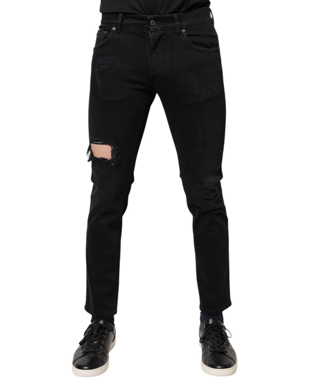 Dolce & Gabbana Black Cotton Tattered Skinny Denim Logo Jeans for men