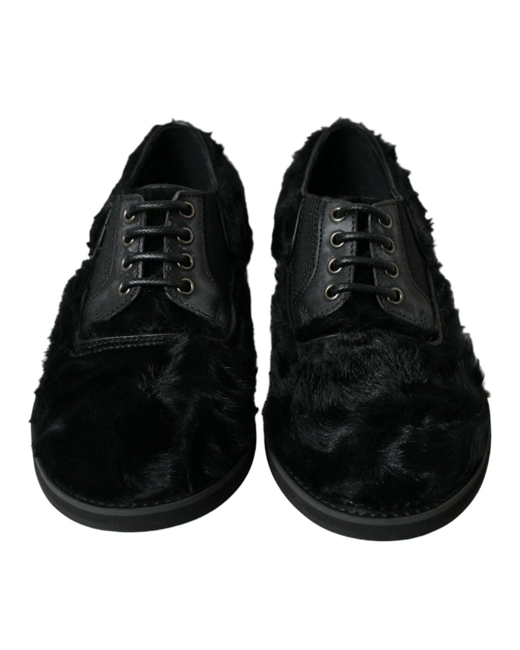 Dolce & Gabbana Black Fur Leather Lace Up Derby Dress Shoes for men