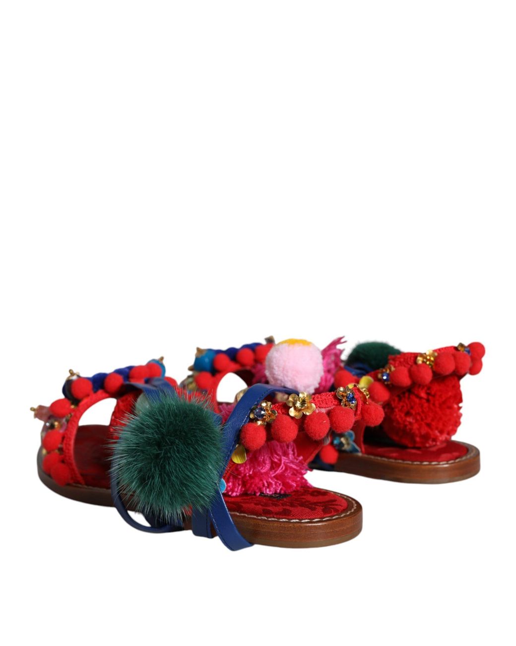 Dolce & Gabbana Red Pom Pom Fur Wrap Sandals Shoes