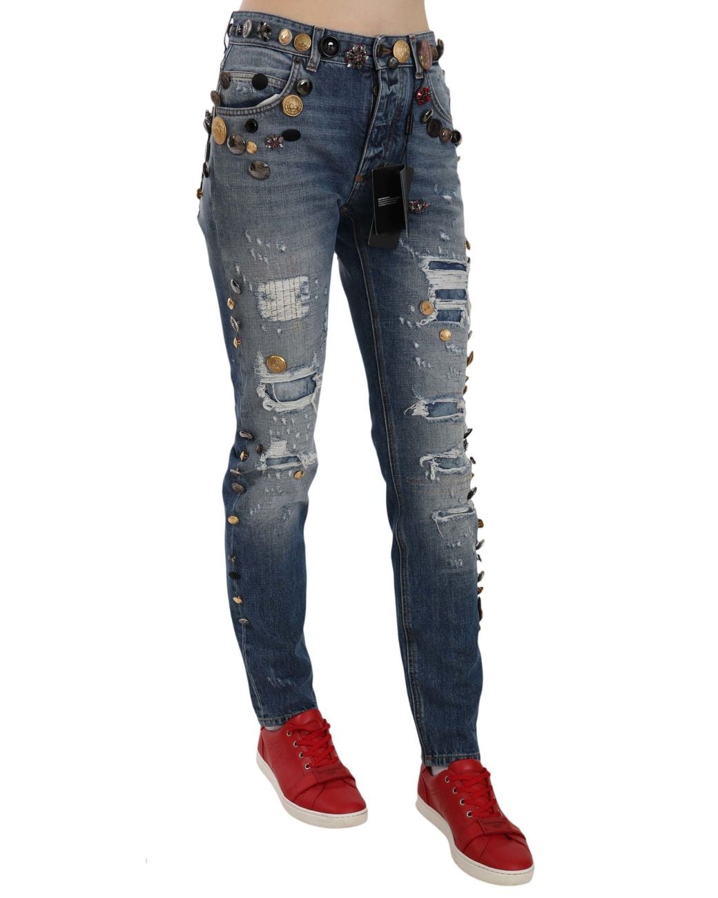 Dolce & Gabbana Blue Embellished Denim Pants With Distressed Details