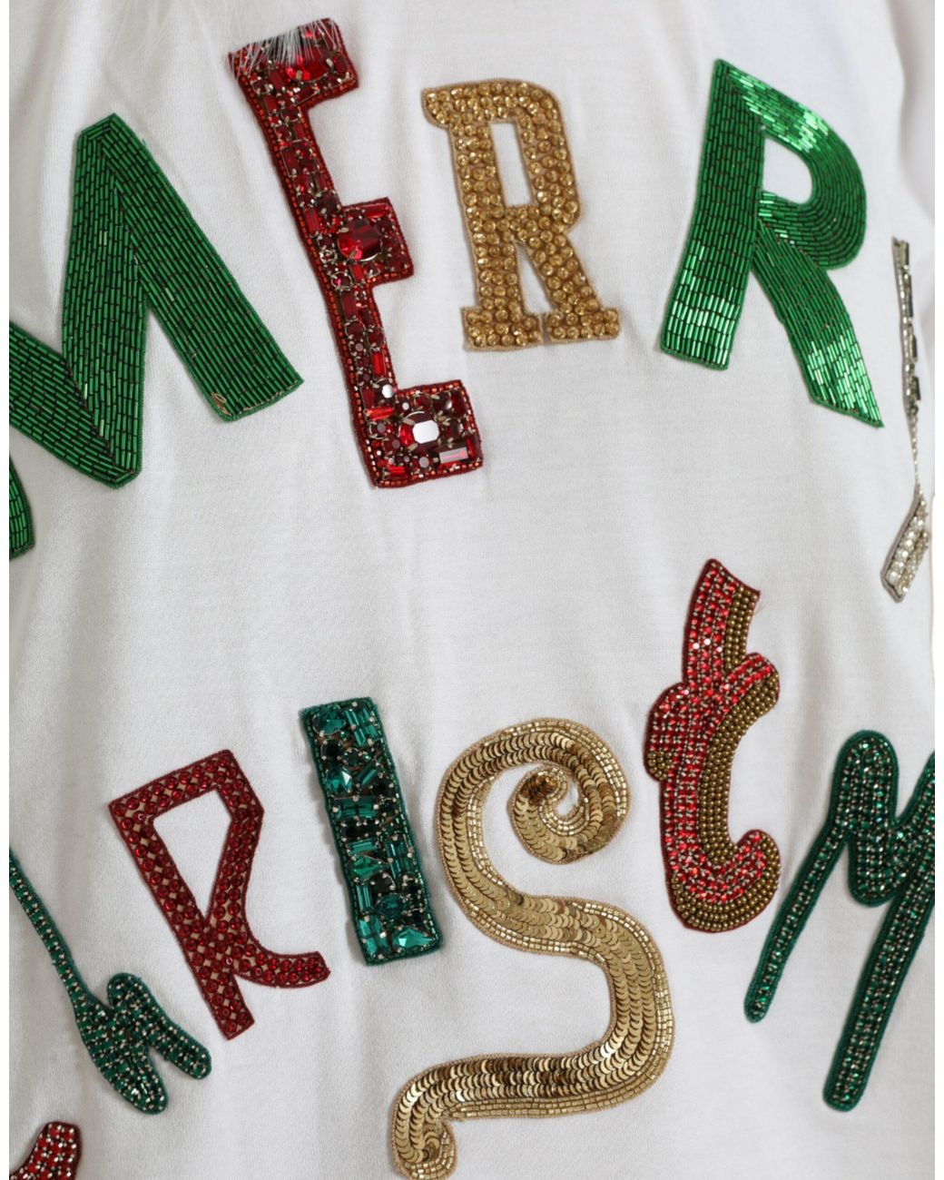 Dolce & Gabbana Gray Cotton Christmas Sequin Fur T-Shirt