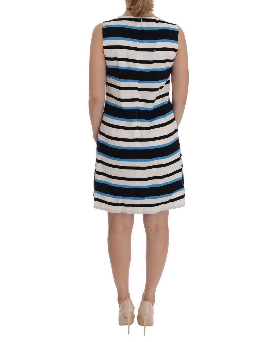 Dolce & Gabbana Black Blue White Striped Silk Stretch Shift Dress
