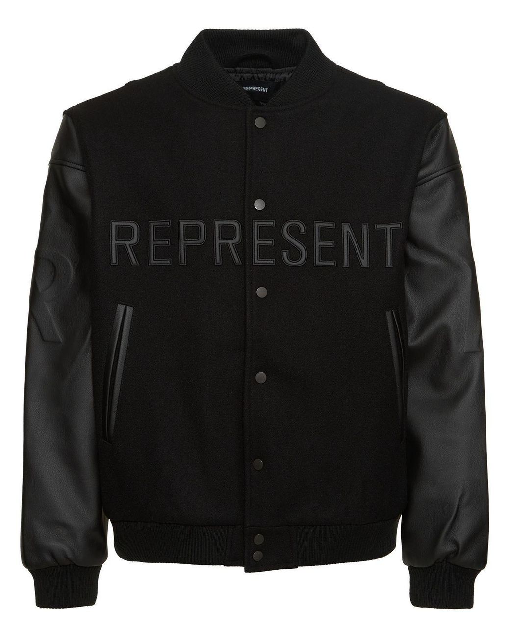 Represent Leather & Wool Blend Boxy Varsity Jacket in Black Represent Leather & Wool Blend Boxy Varsity Jacket in Black