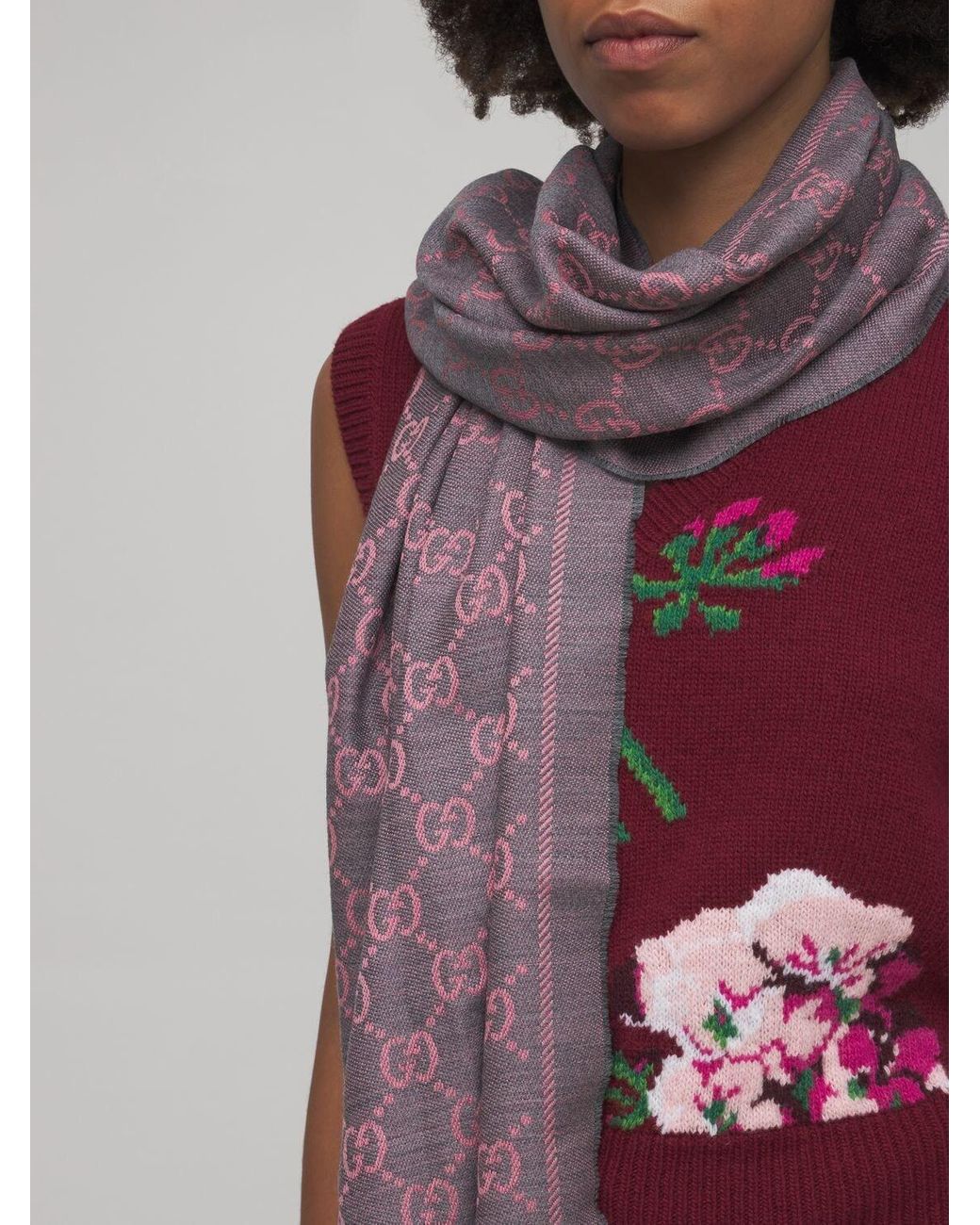 Gucci Wool Gg Jacquard Pattern Knit Scarf in Pink/Grey (Pink) - Lyst