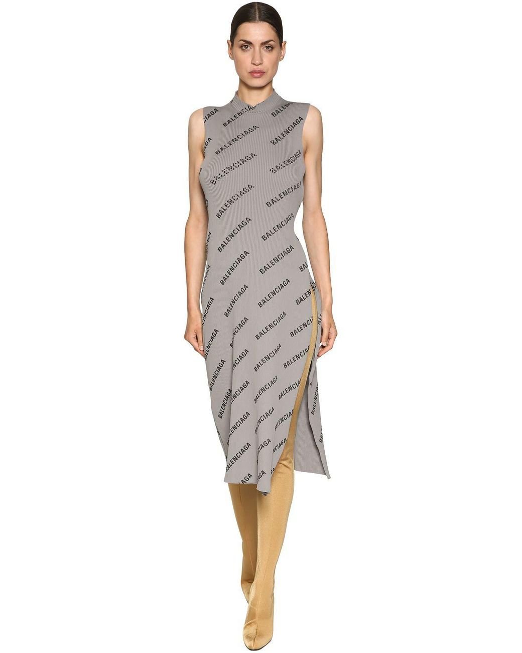 Balenciaga Logo Print Rib Knit Wrap Dress in Grey | Lyst Australia