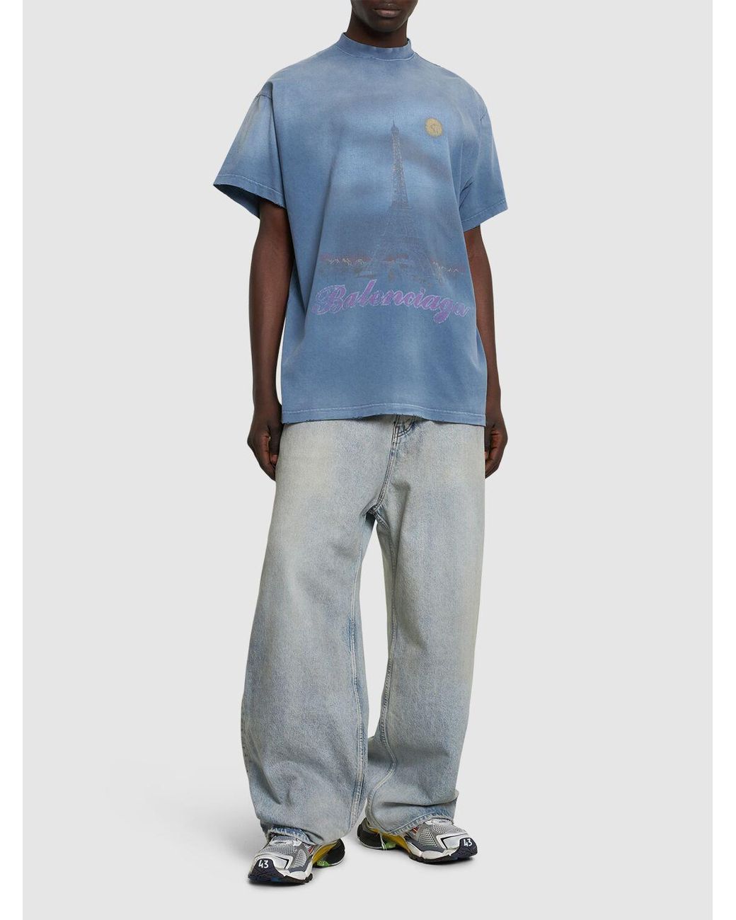 関税込【BALENCIAGA】New Paris Moon Vintage コットンTシャツ Balenciaga New Paris Moon Vintage Cotton T-Shirt in Blue for