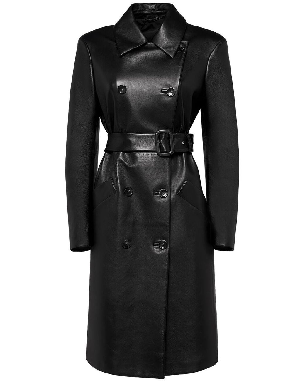 【SPORTMAX】ANTIOPE1234 Long Nappa leather trench coat Sportmax Black trench coat in semi-glossy nappa leather