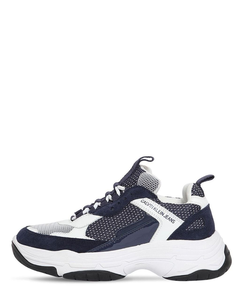 Calvin Klein 50mm Maya Mesh & Leather Sneakers in White/Navy (Blue) - Lyst