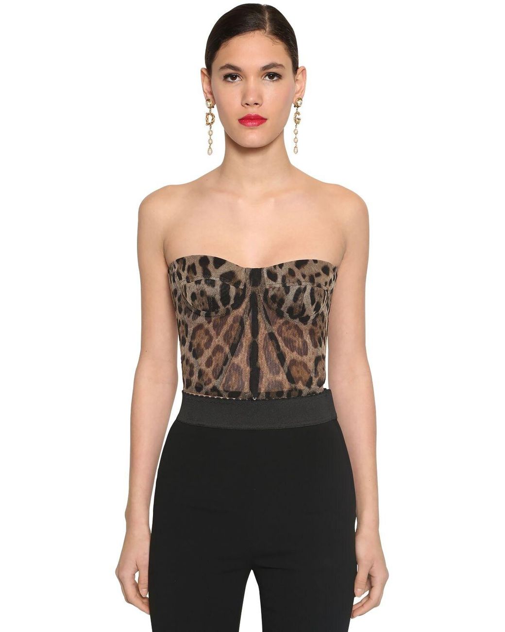 Dolce And Gabbana Printed Sheer Stretch Tulle Bustier In Leopard Black