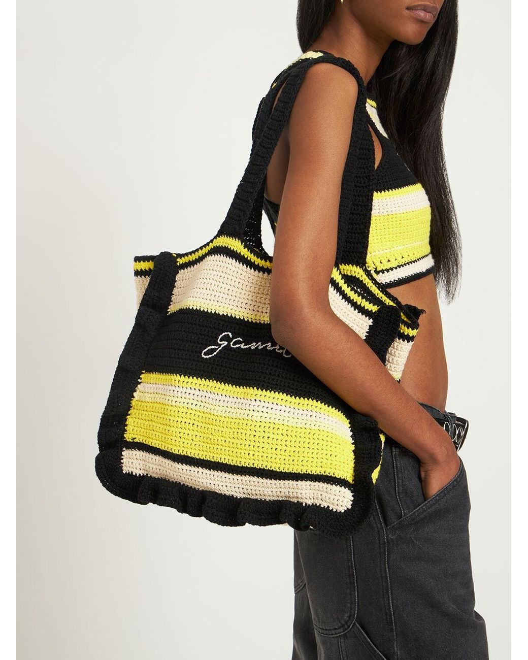 ■Ganni■ Cotton Crochet Frill Tote Bag Yellow A4515373 A451 Ganni Cotton Crochet Ruffle Tote Bag in Yellow | Lyst UK