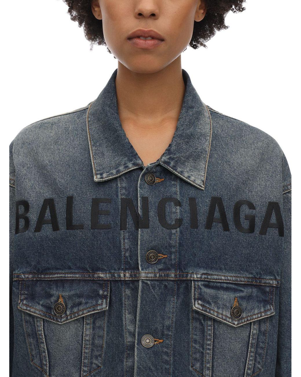 Balenciaga Embroidered Front Logo Denim Jacket in Blue | Lyst