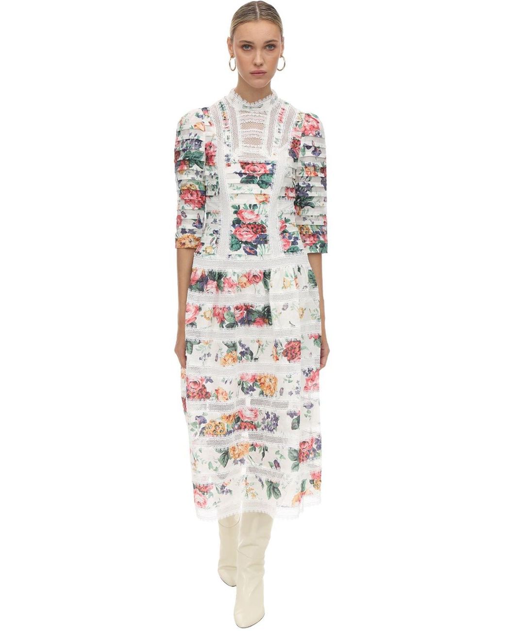 Zimmermann Printed Lace & Linen Midi Dress in White Floral (White) Lyst