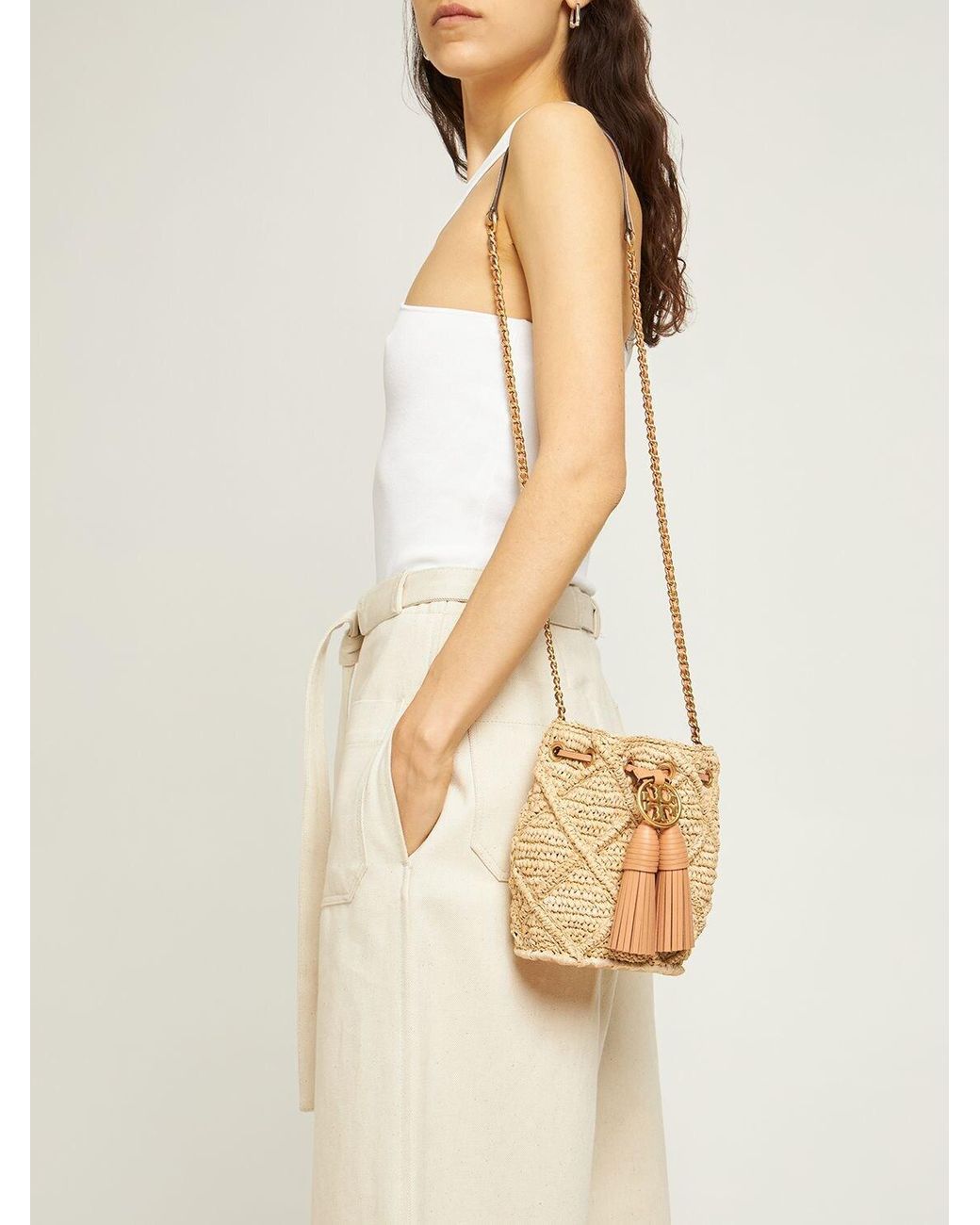 Tory Burch Mini Fleming Straw & Leather Bucket Bag in Natural | Lyst