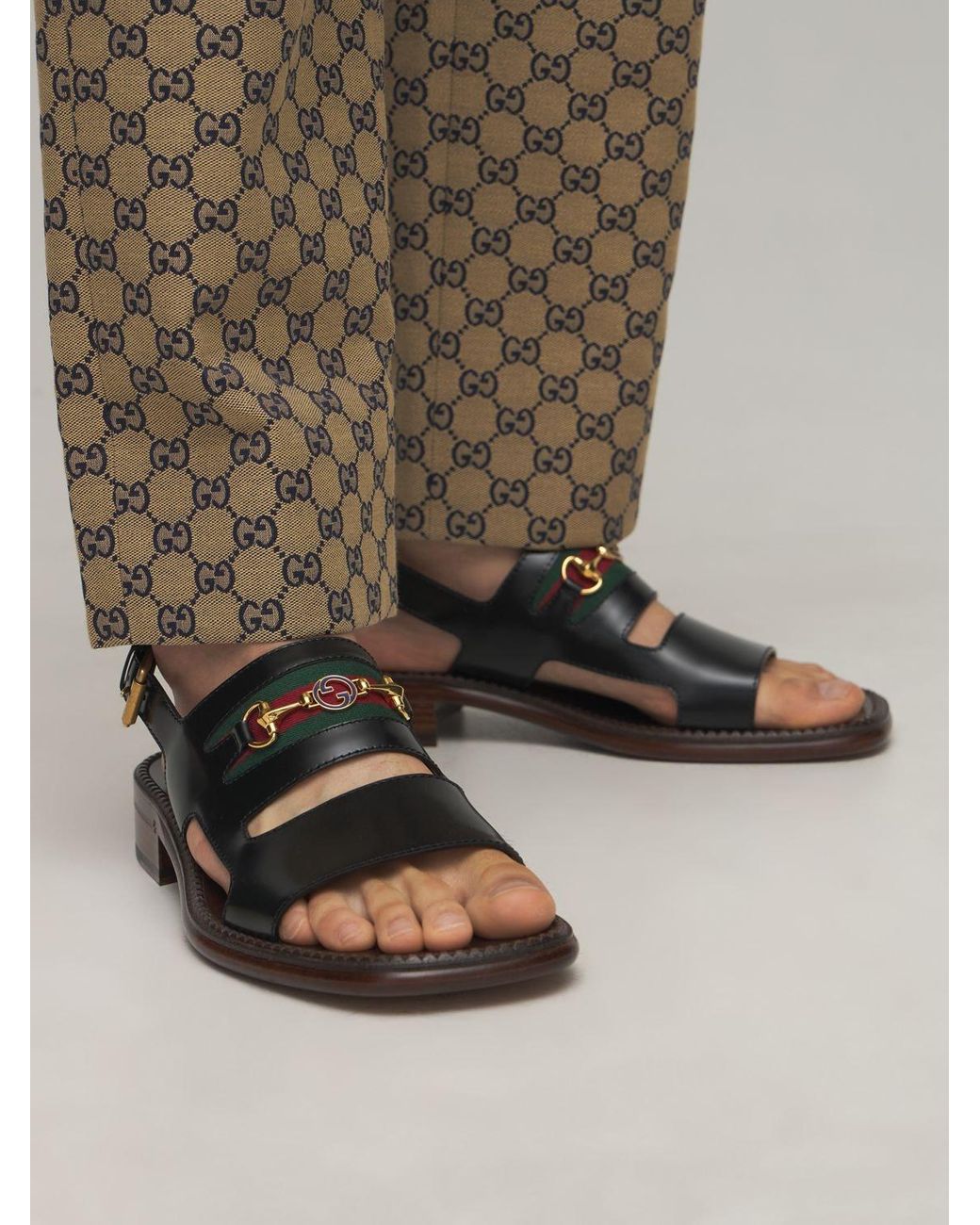 Gucci Horsebit Web Leather Sandals in Black for Men | Lyst UK
