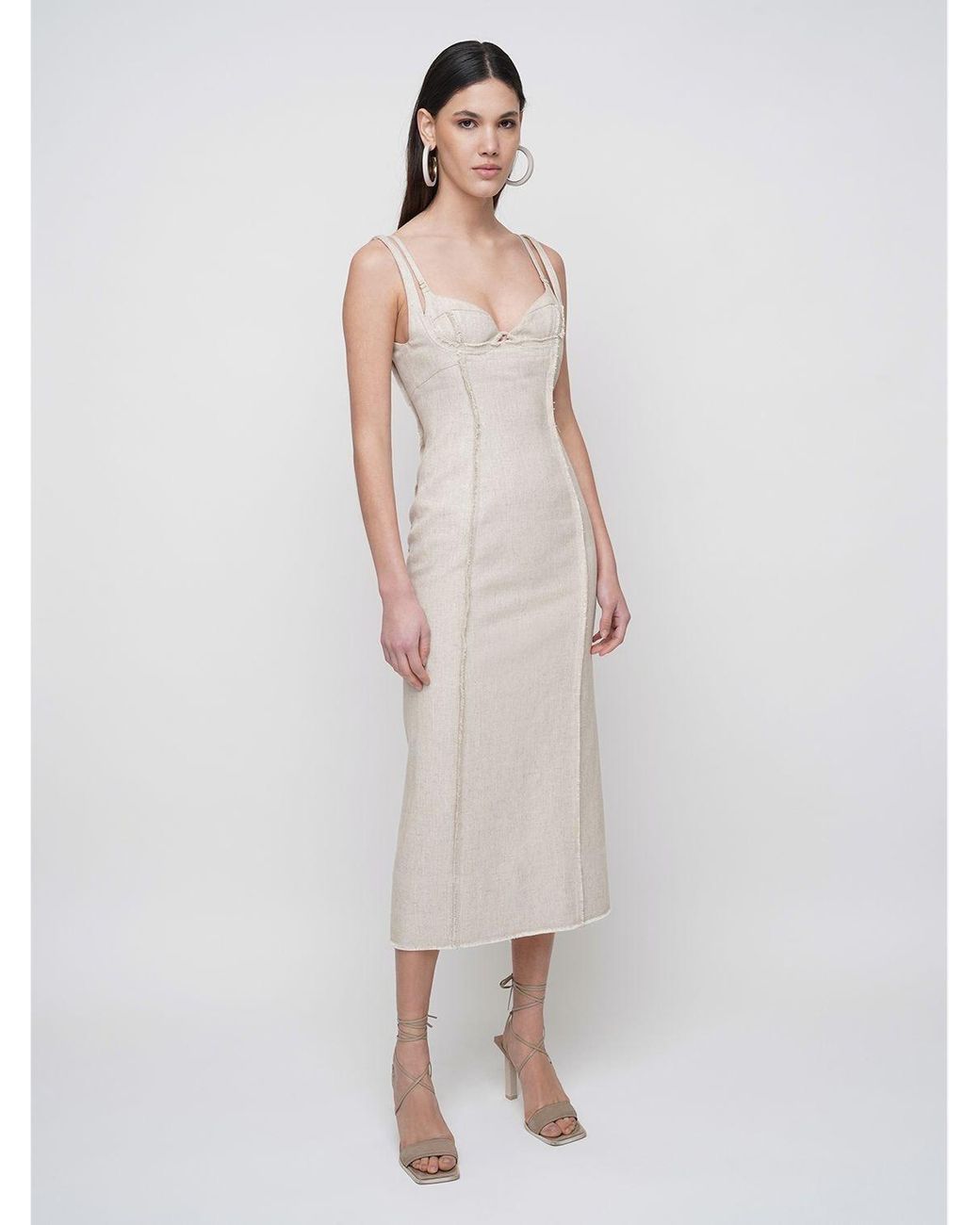 Jacquemus Fitted Linen Viscose Midi Dress in Natural Lyst