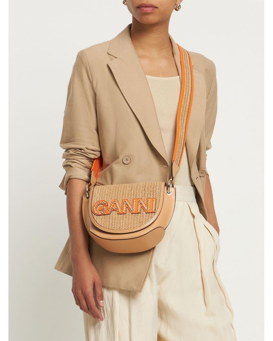 Ganni Banner Saddle Raffia Shoulder Bag