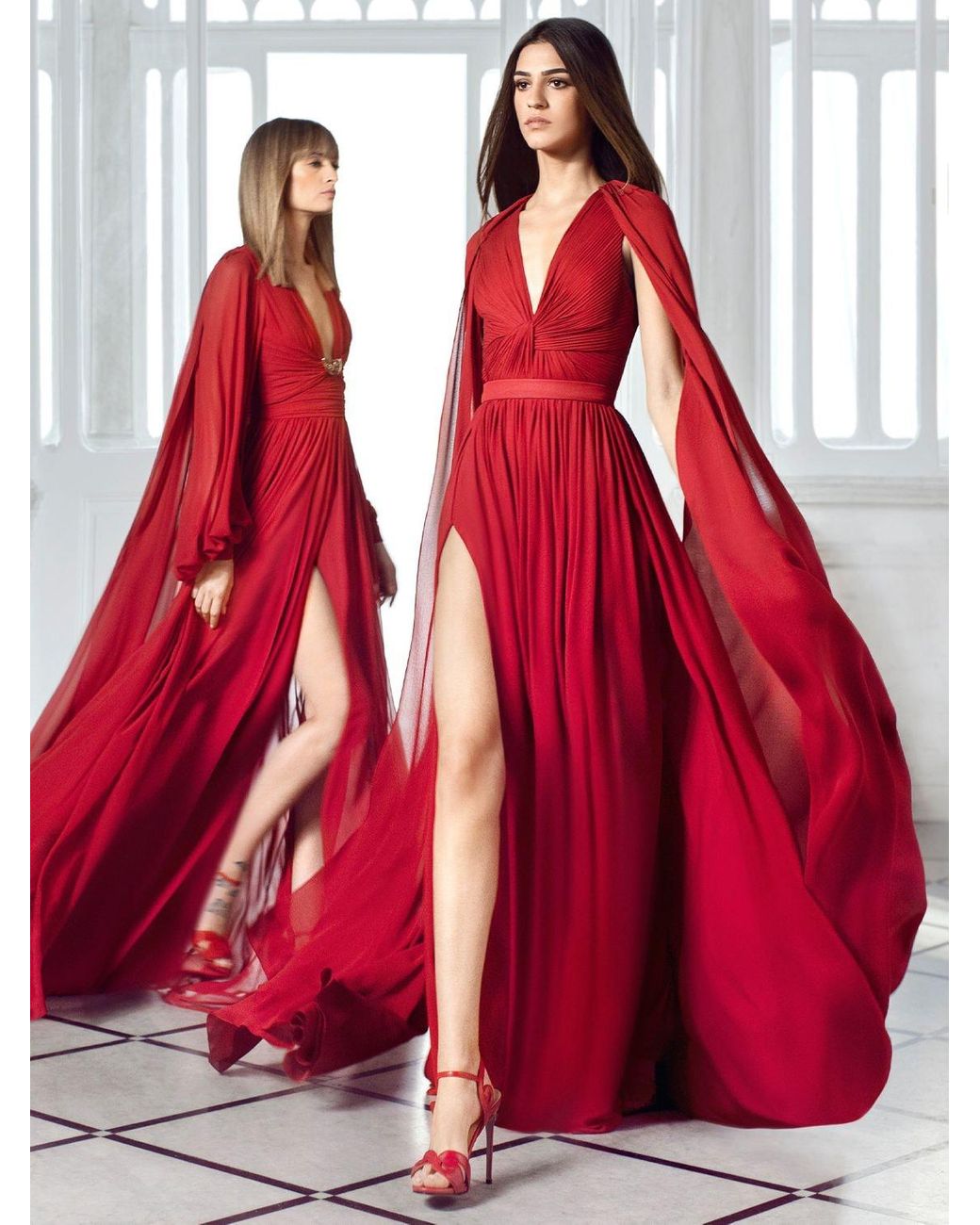 Elie Saab Silk Long Dress in Red | Lyst