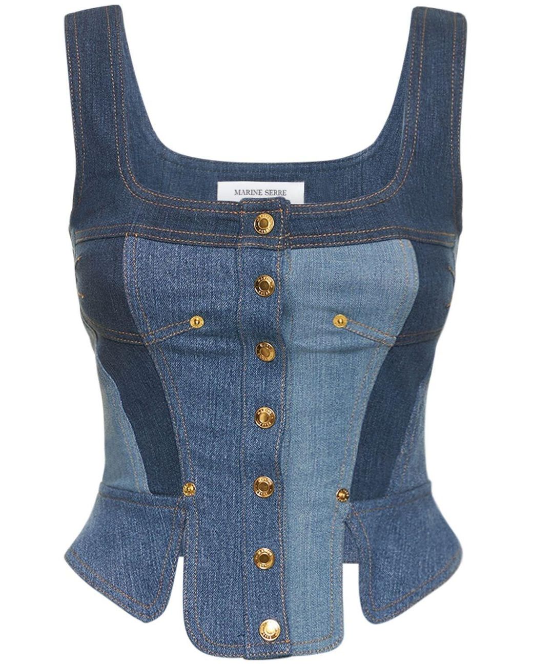 Marine Serre Buttoned Patchwork Denim Bustier Top in Blue | Lyst