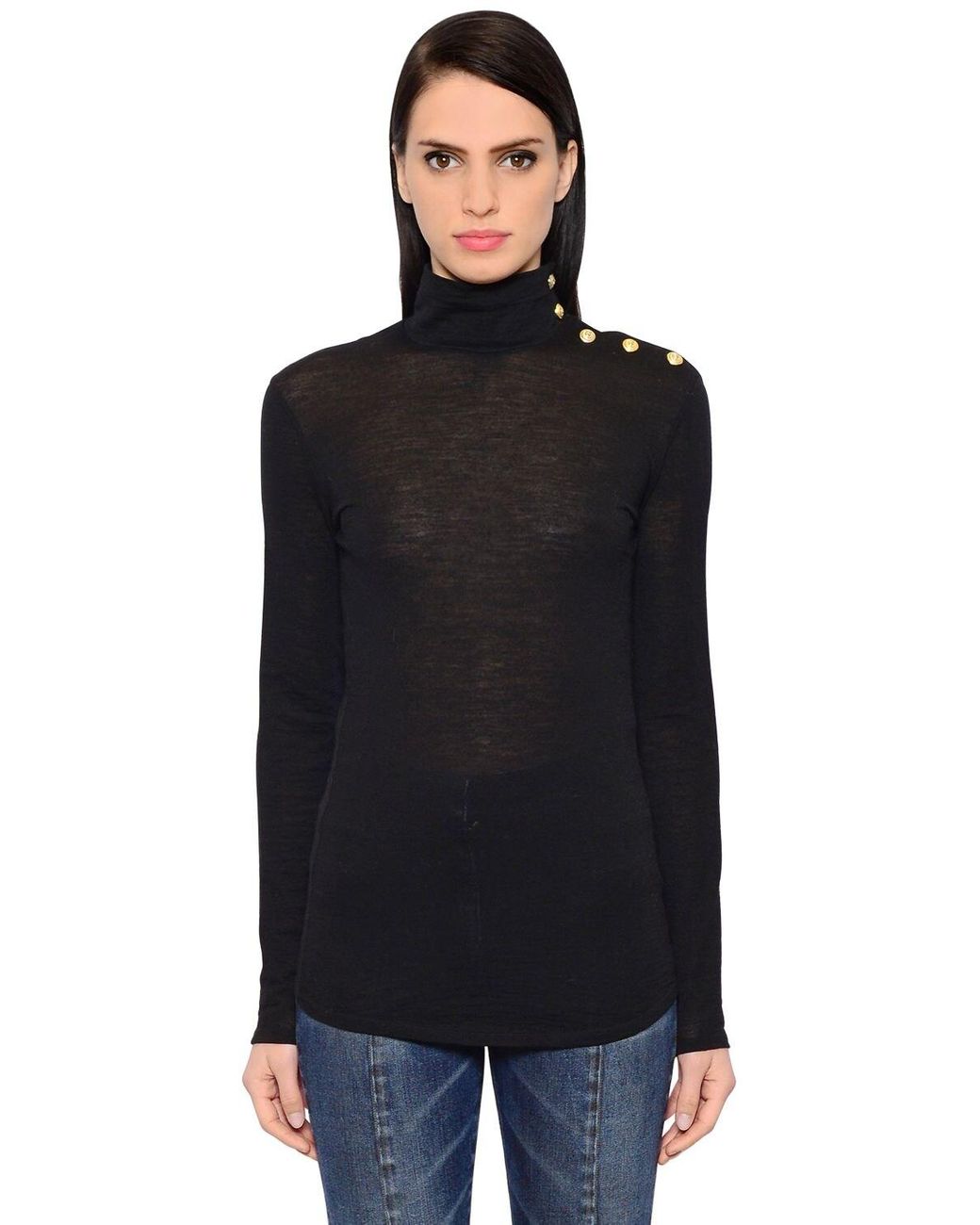 Balmain Gold Buttons Turtleneck Wool Sweater in Black | Lyst